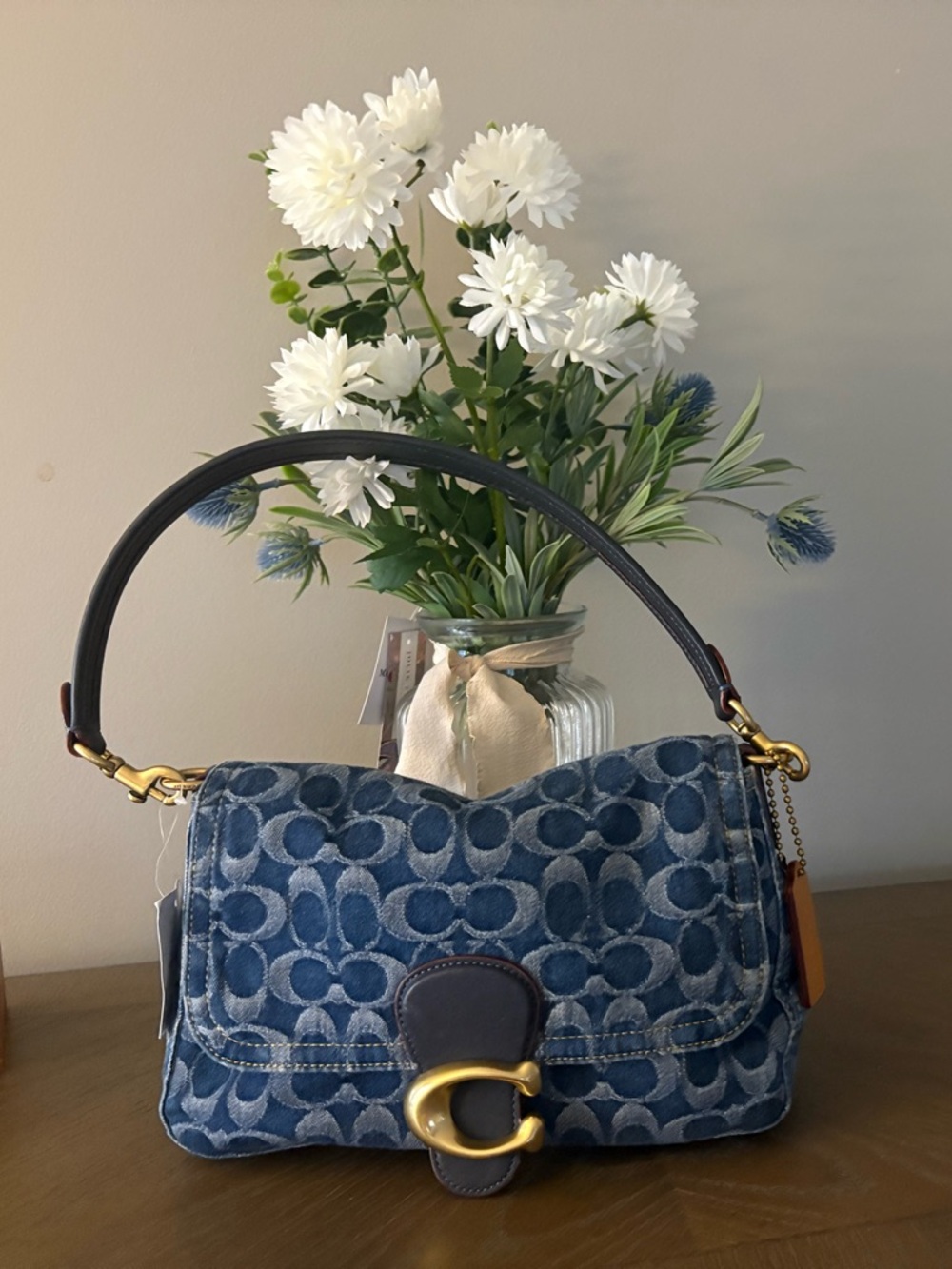 Coach Blue Signature Canvas Shoulder Bag with Gold Hardware